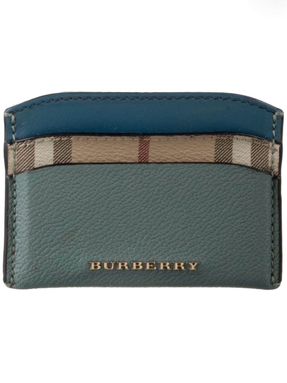Burberry Teal & Blue Leather Card Holder with Signature Check